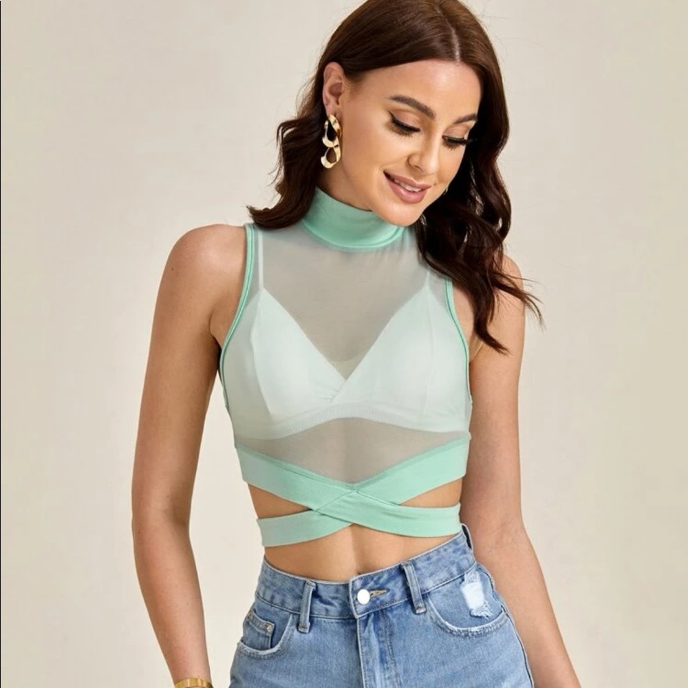 Mint Green Sheer Cutout Top